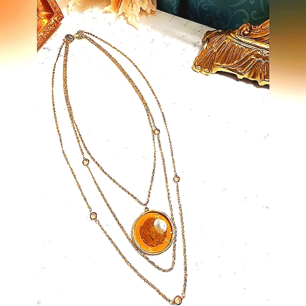 Signed Goldette multi-strand amber and pendant